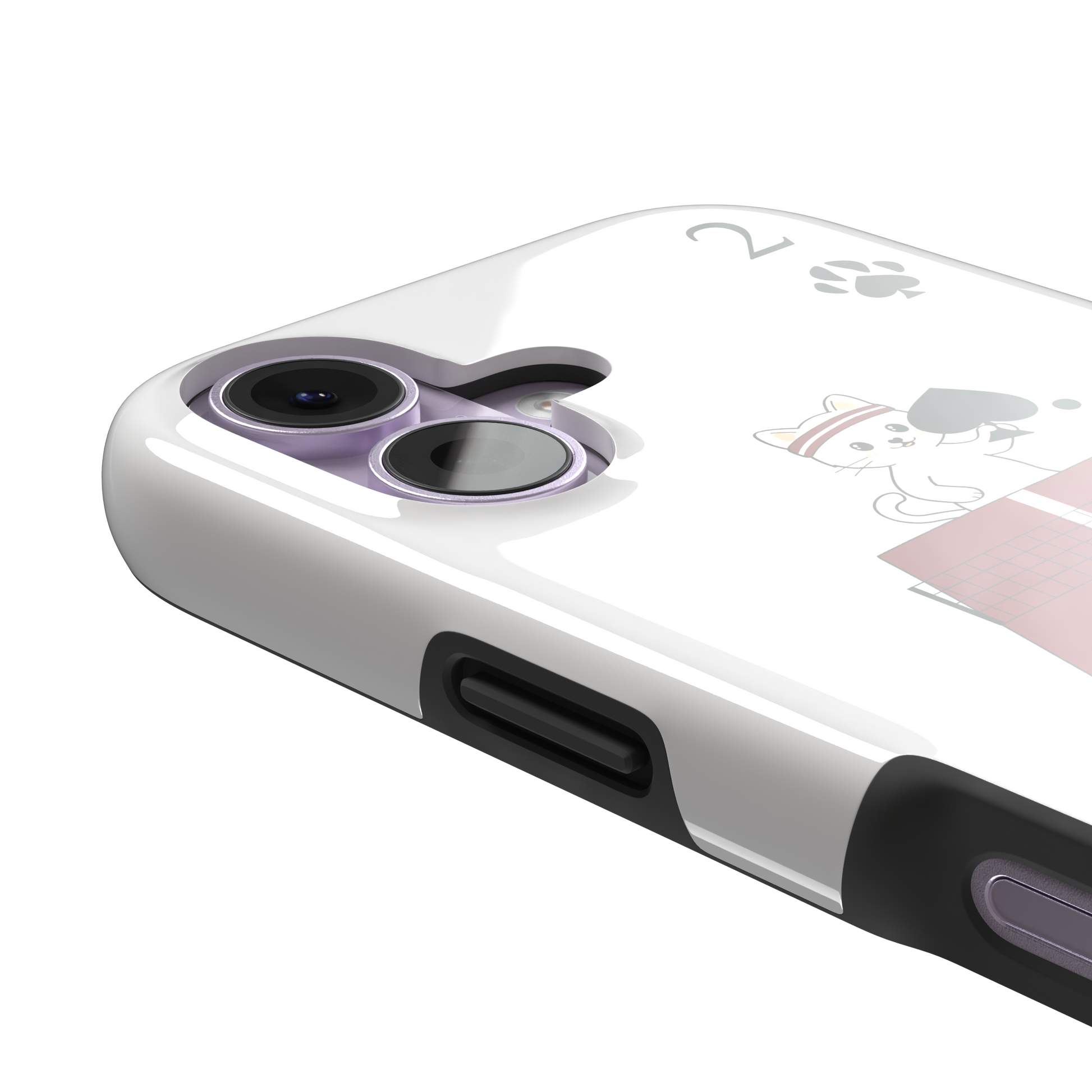 Two of Spades phone case in white from the Paw Decks collection, showing two cartoon cats playing ping pong with spade paddles across a red table, with paw print card markings, phone case by Caselier — tough case, volume buttons detail