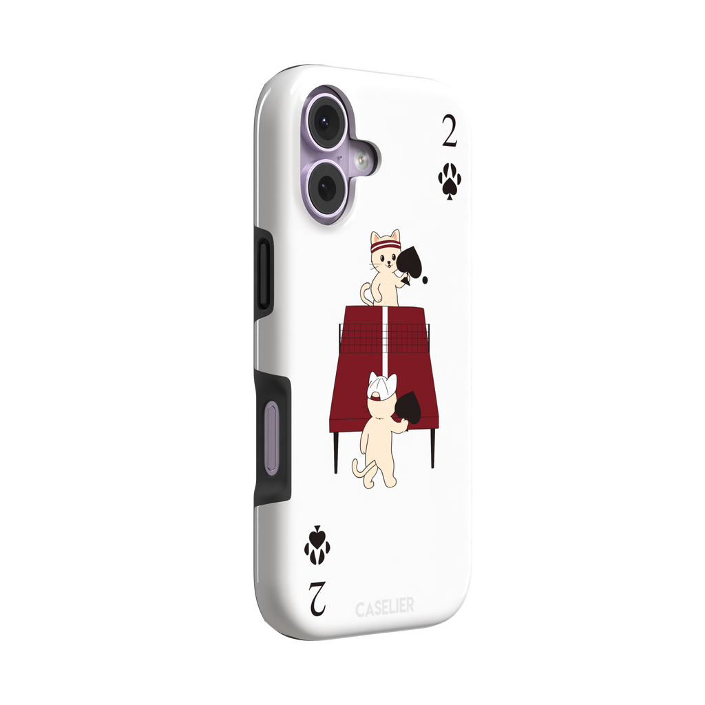 Two of Spades phone case in white from the Paw Decks collection, showing two cartoon cats playing ping pong with spade paddles across a red table, with paw print card markings, phone case by Caselier — tough case, left view