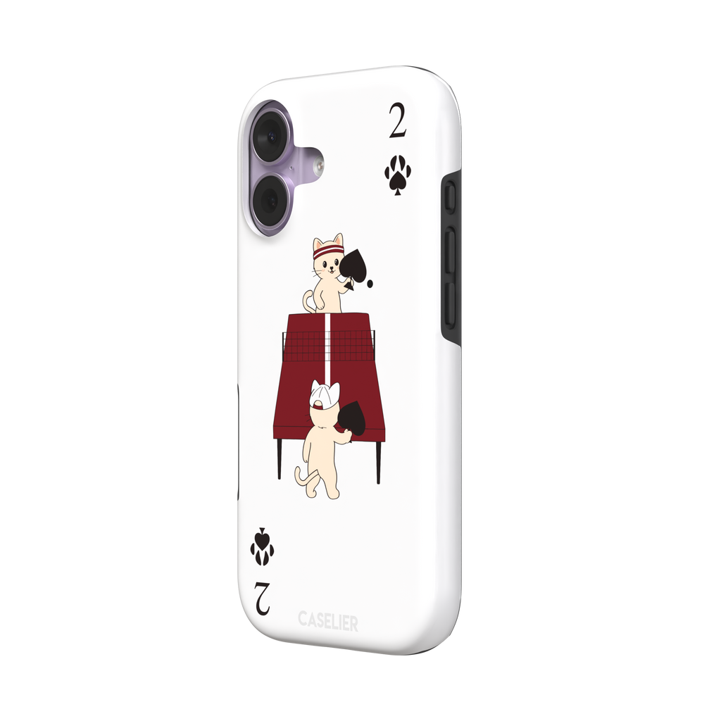Two of Spades phone case in white from the Paw Decks collection, showing two cartoon cats playing ping pong with spade paddles across a red table, with paw print card markings, phone case by Caselier — tough case, right view