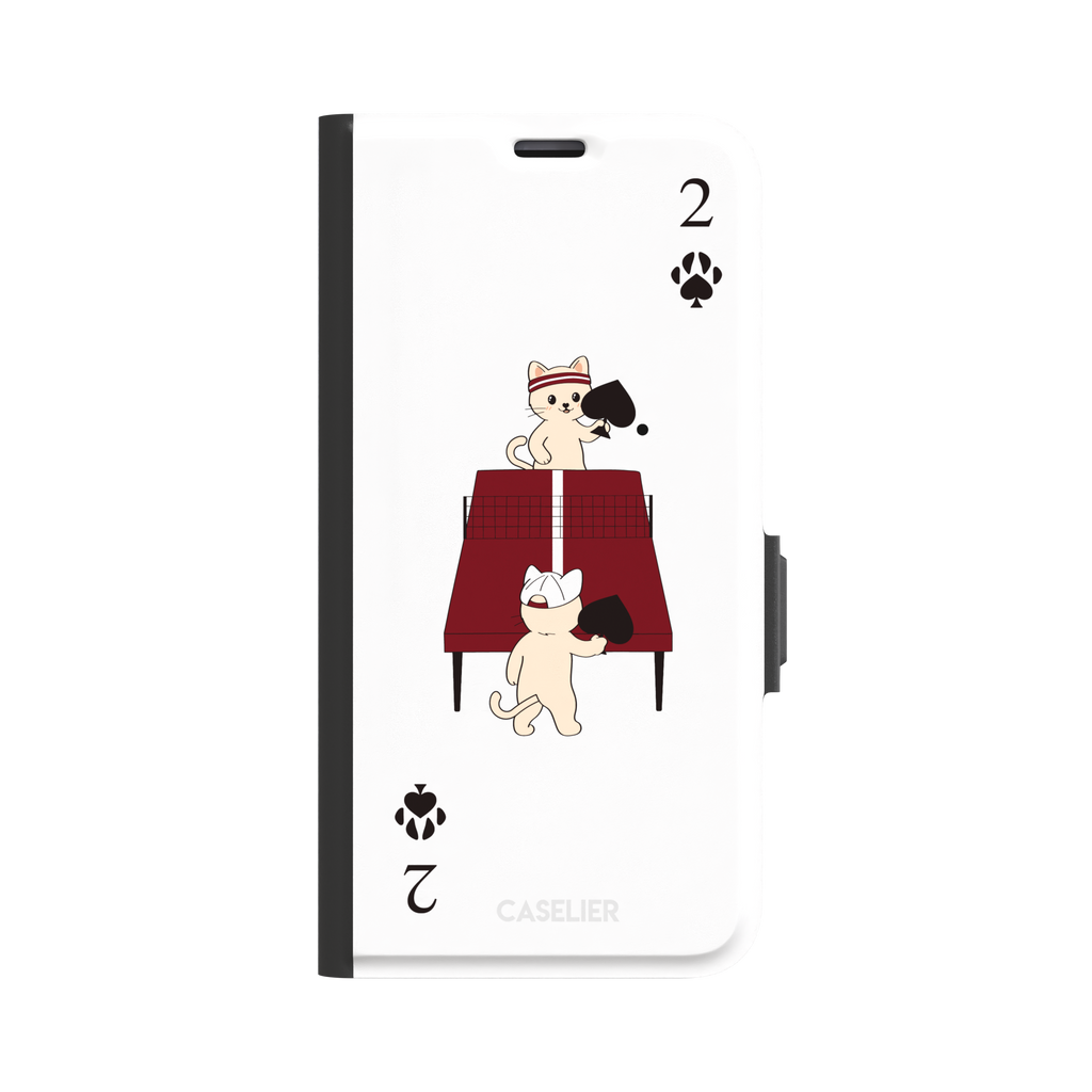 Two of Spades phone case in white from the Paw Decks collection, showing two cartoon cats playing ping pong with spade paddles across a red table, with paw print card markings, phone case by Caselier — wallet case, front view