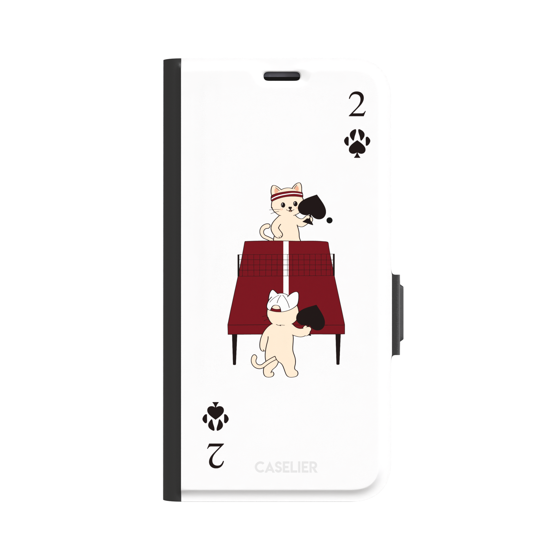 Two of Spades phone case in white from the Paw Decks collection, showing two cartoon cats playing ping pong with spade paddles across a red table, with paw print card markings, phone case by Caselier — wallet case, front view
