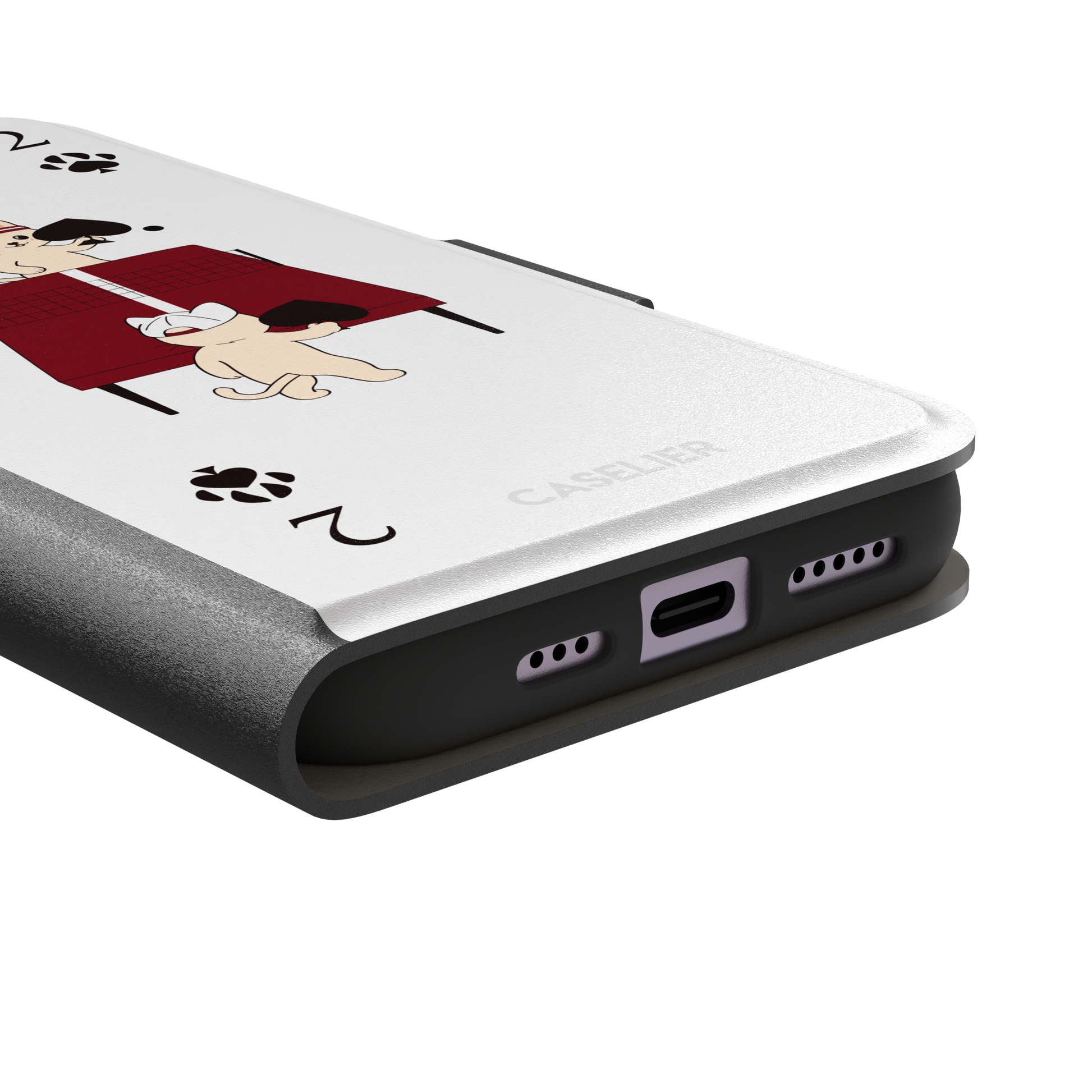 Two of Spades phone case in white from the Paw Decks collection, showing two cartoon cats playing ping pong with spade paddles across a red table, with paw print card markings, phone case by Caselier — wallet case, charging port detail