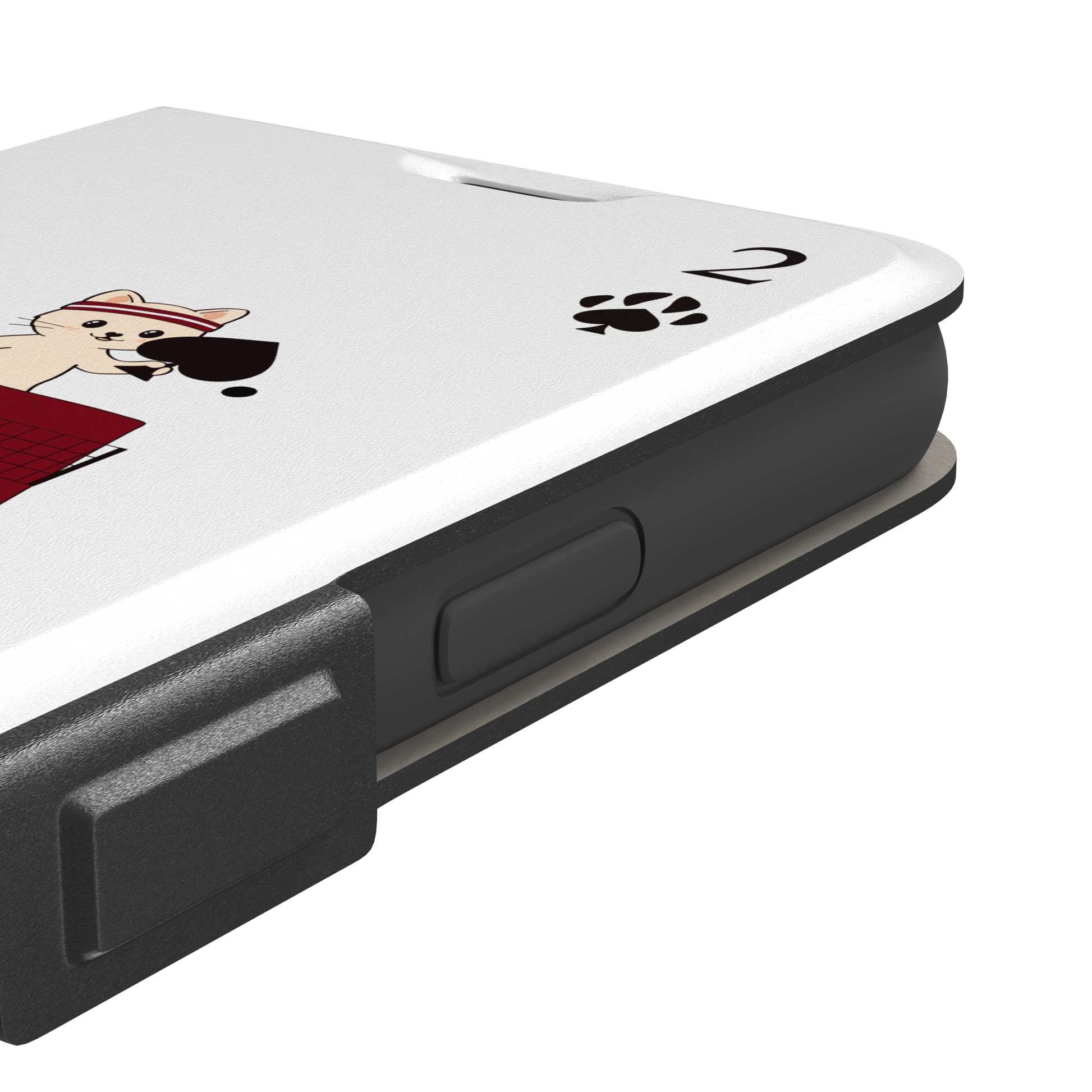 Two of Spades phone case in white from the Paw Decks collection, showing two cartoon cats playing ping pong with spade paddles across a red table, with paw print card markings, phone case by Caselier — wallet case, volume buttons detail