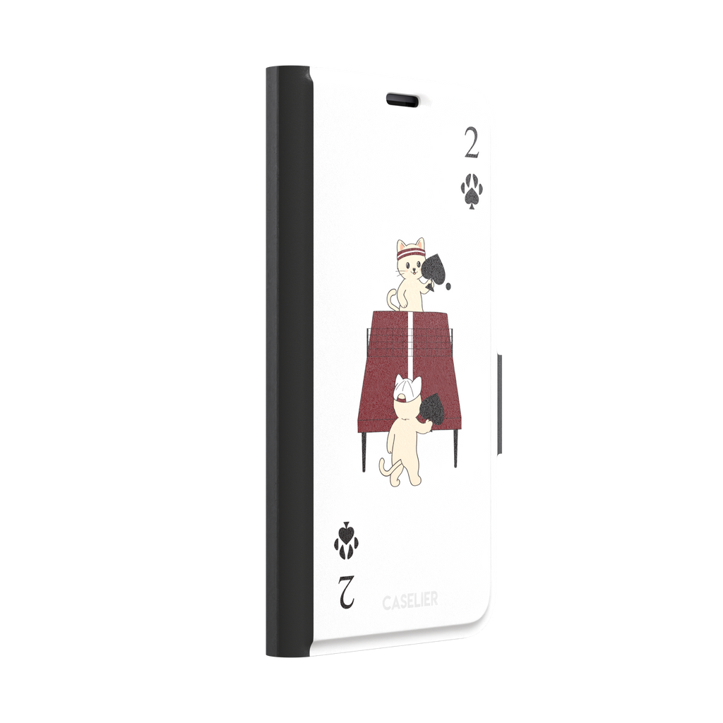 Two of Spades phone case in white from the Paw Decks collection, showing two cartoon cats playing ping pong with spade paddles across a red table, with paw print card markings, phone case by Caselier — wallet case, left view