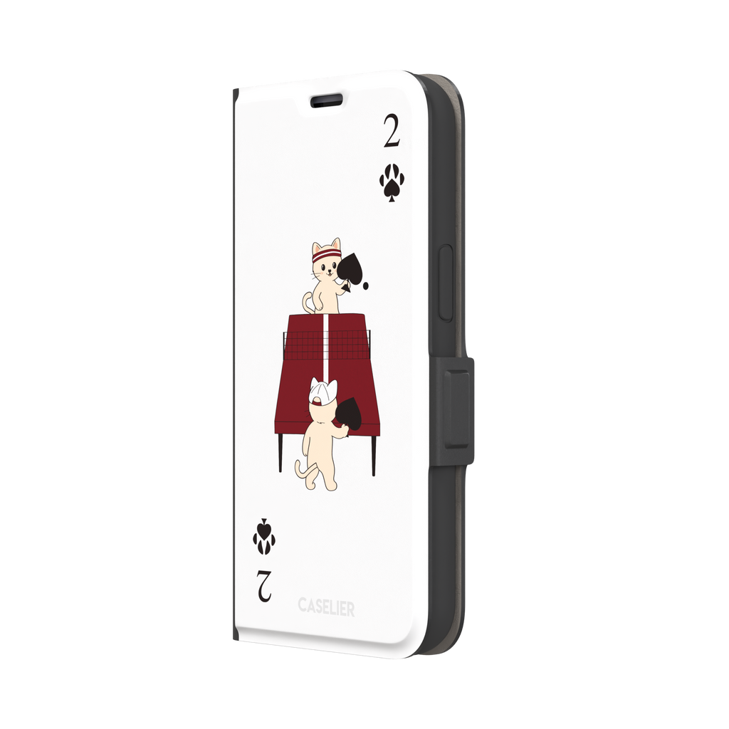 Two of Spades phone case in white from the Paw Decks collection, showing two cartoon cats playing ping pong with spade paddles across a red table, with paw print card markings, phone case by Caselier — wallet case, right view
