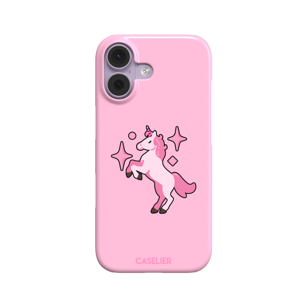 Pink kawaii unicorn rearing up with sparkle stars on a bubblegum-pink phone case by Caselier — snap case, front view