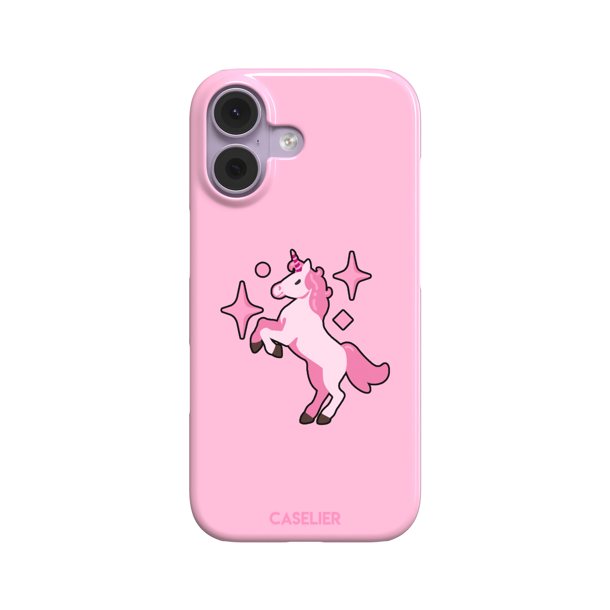 Pink kawaii unicorn rearing up with sparkle stars on a bubblegum-pink phone case by Caselier — snap case, front view