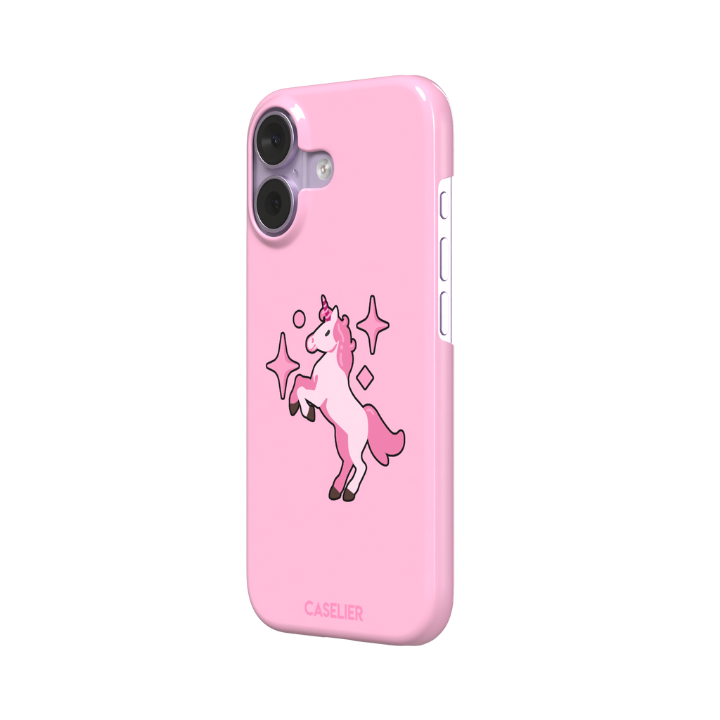 Pink kawaii unicorn rearing up with sparkle stars on a bubblegum-pink phone case by Caselier — snap case, right view