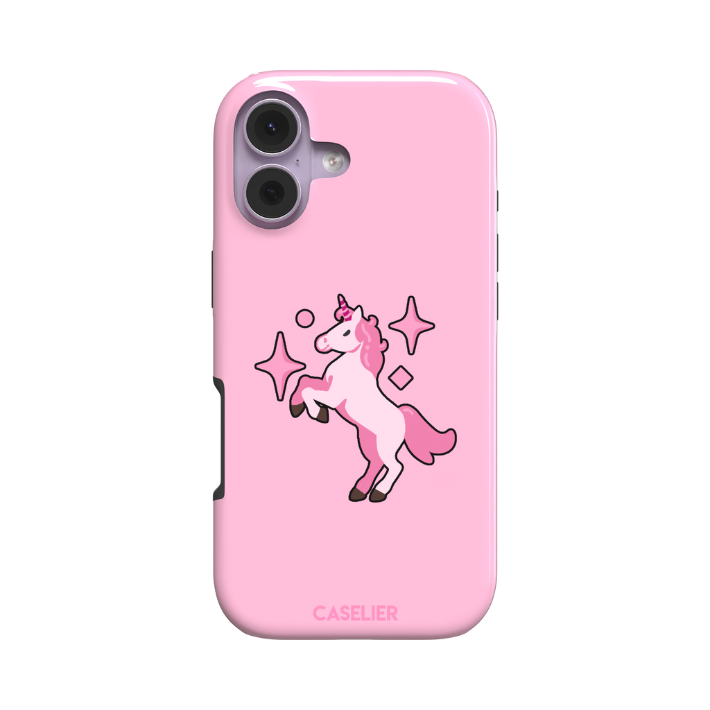 Pink kawaii unicorn rearing up with sparkle stars on a bubblegum-pink phone case by Caselier — tough case, front view