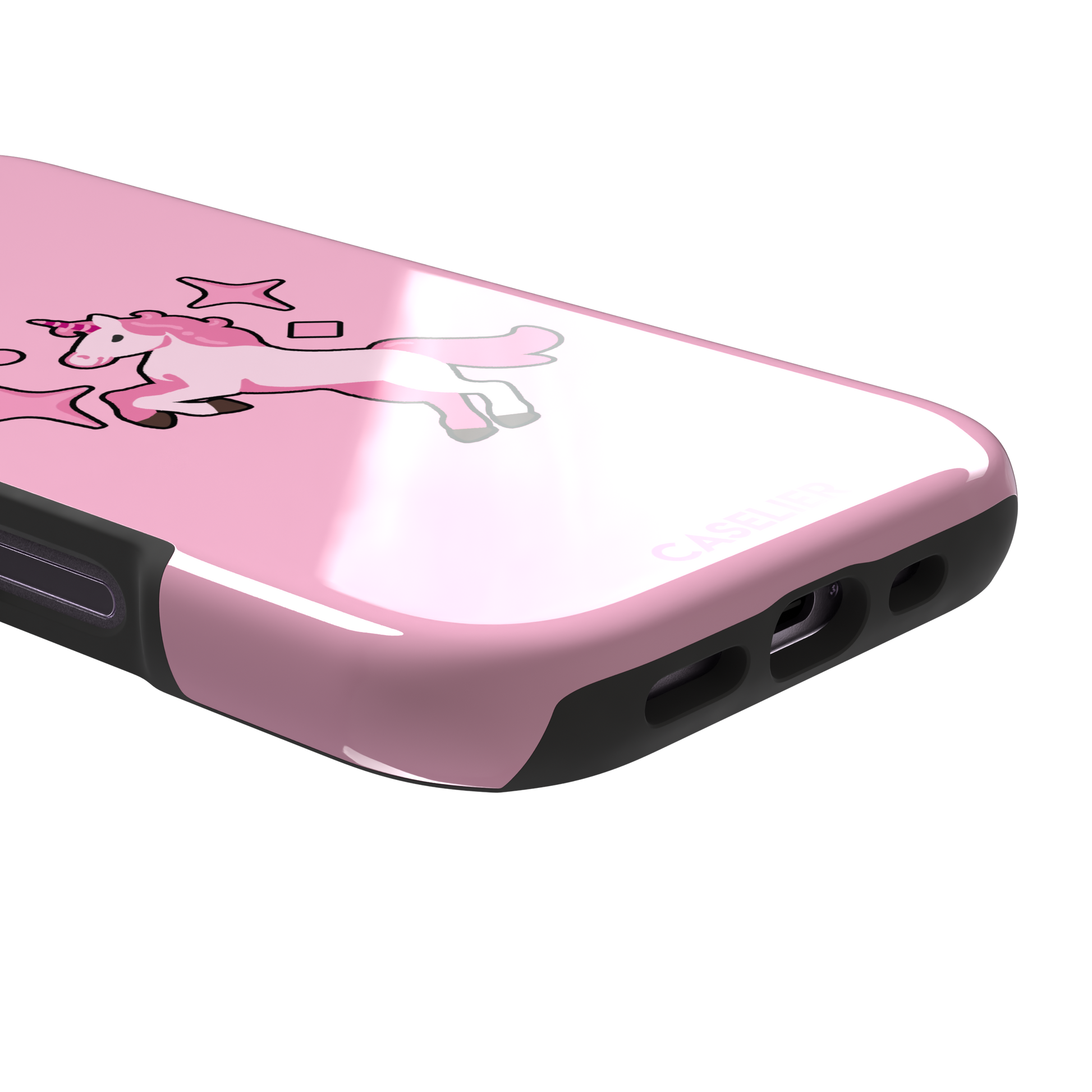 Pink kawaii unicorn rearing up with sparkle stars on a bubblegum-pink phone case by Caselier — tough case, charging port detail