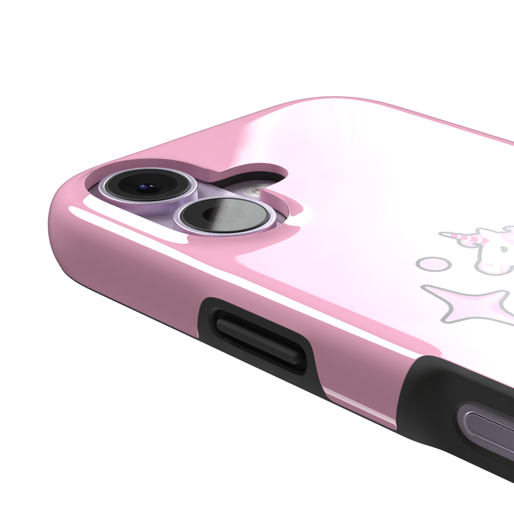 Pink kawaii unicorn rearing up with sparkle stars on a bubblegum-pink phone case by Caselier — tough case, volume buttons detail