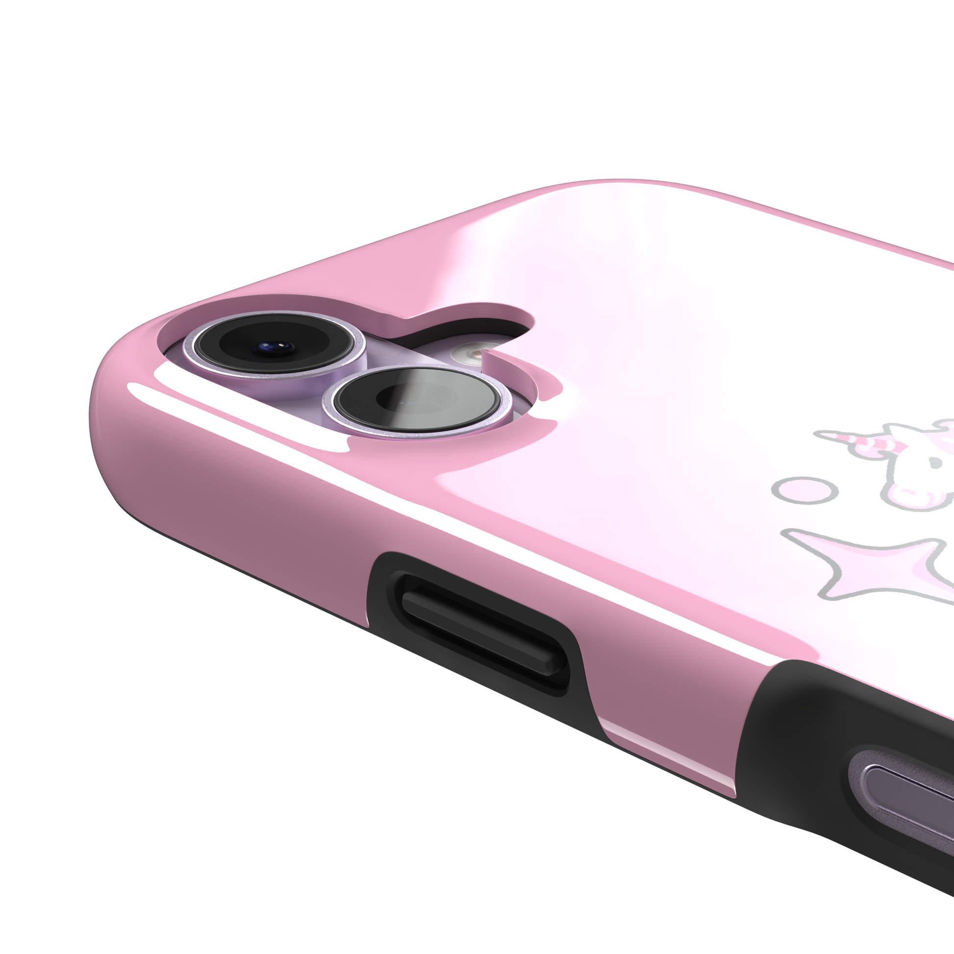 Pink kawaii unicorn rearing up with sparkle stars on a bubblegum-pink phone case by Caselier — tough case, volume buttons detail