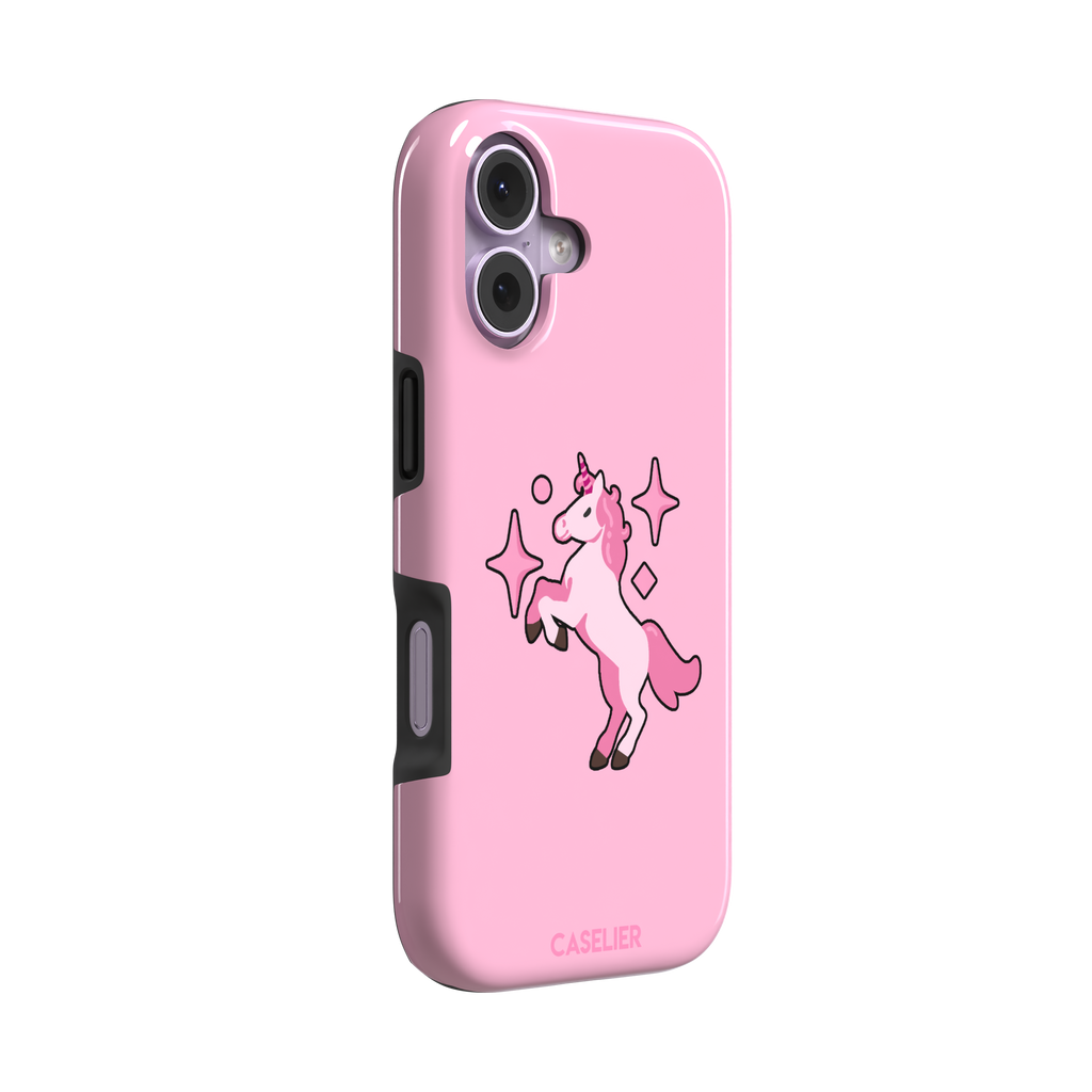 Pink kawaii unicorn rearing up with sparkle stars on a bubblegum-pink phone case by Caselier — tough case, left view