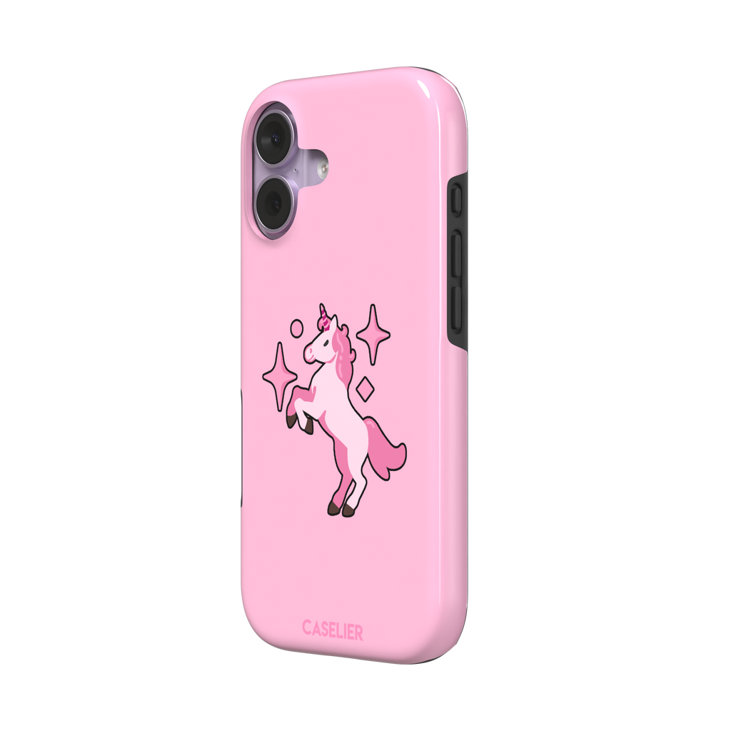 Pink kawaii unicorn rearing up with sparkle stars on a bubblegum-pink phone case by Caselier — tough case, right view