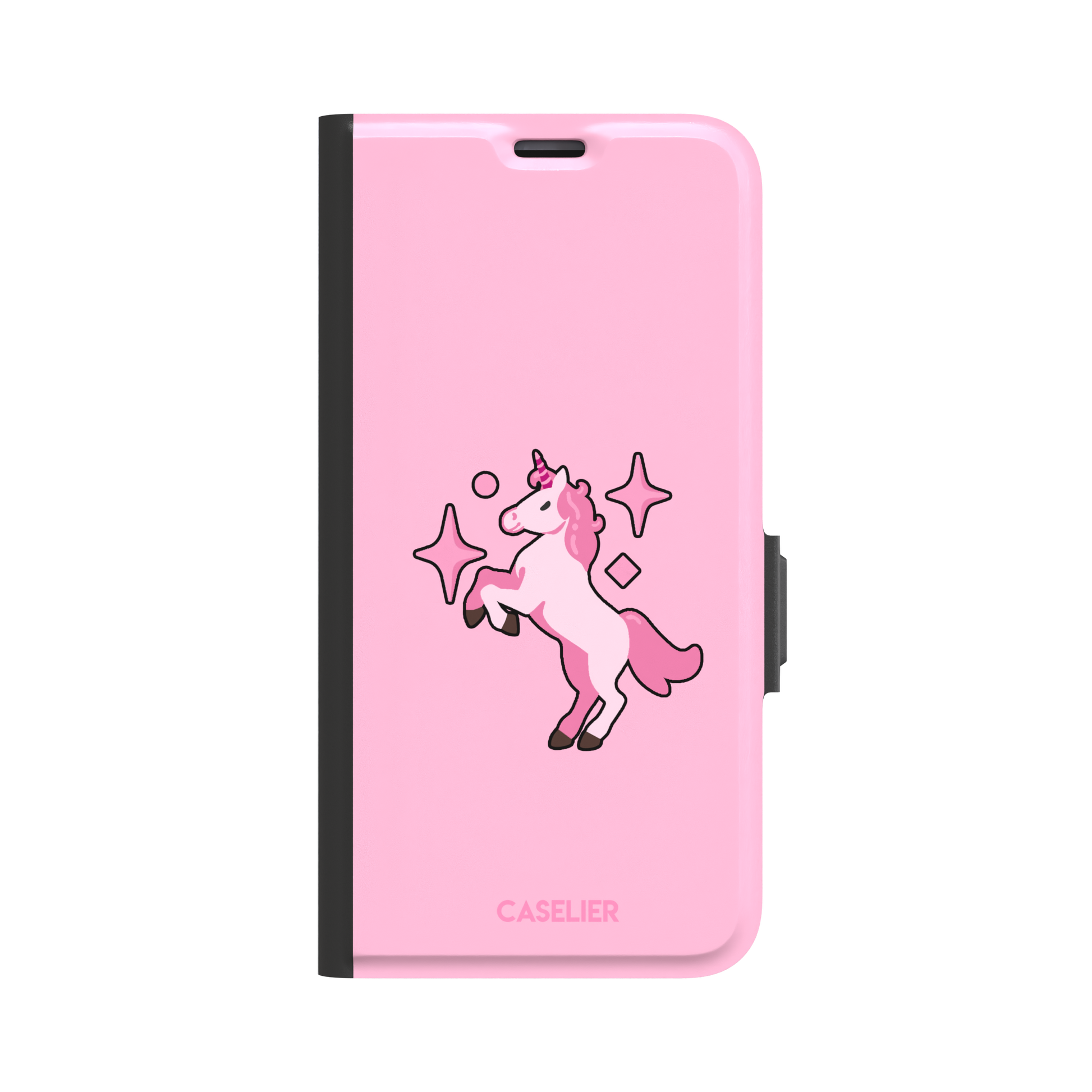 Pink kawaii unicorn rearing up with sparkle stars on a bubblegum-pink phone case by Caselier — wallet case, front view
