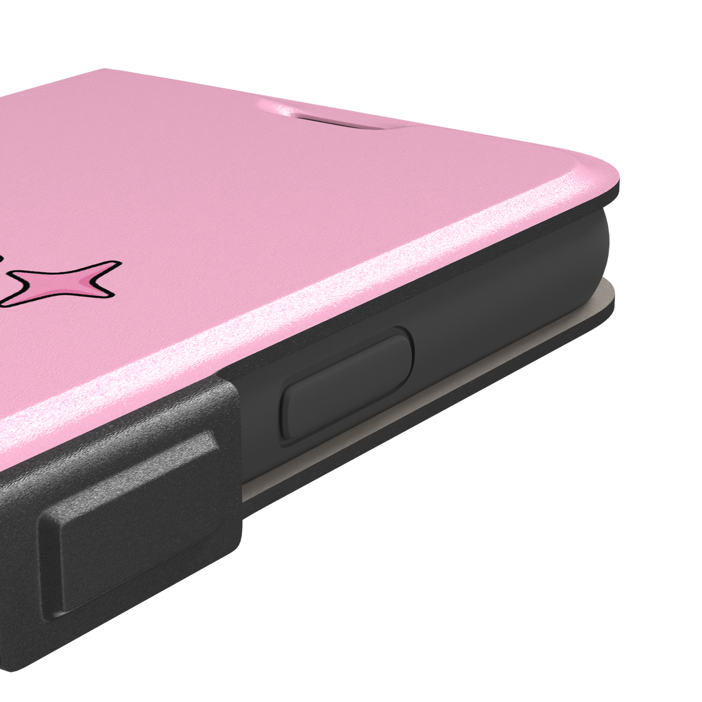 Pink kawaii unicorn rearing up with sparkle stars on a bubblegum-pink phone case by Caselier — wallet case, volume buttons detail