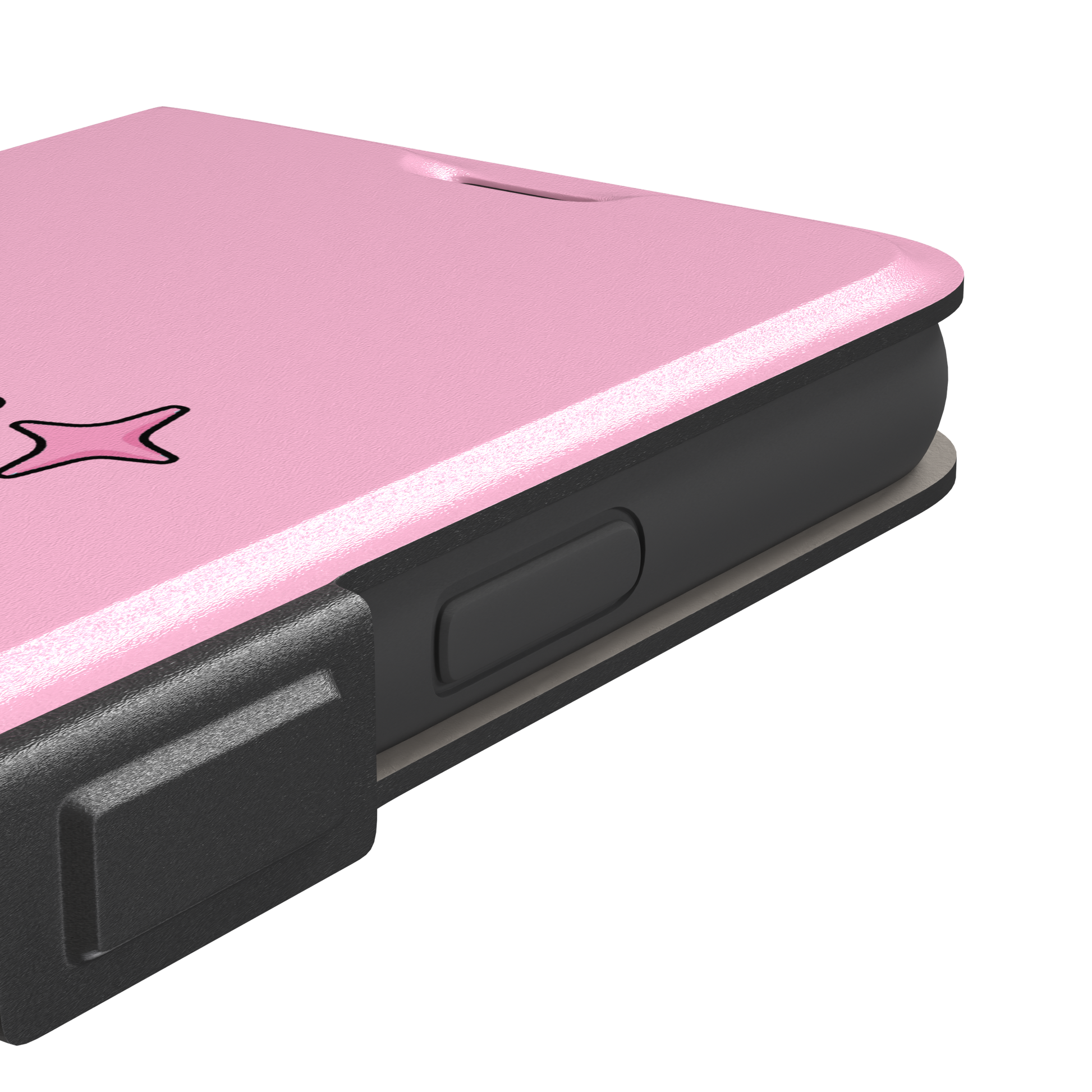 Pink kawaii unicorn rearing up with sparkle stars on a bubblegum-pink phone case by Caselier — wallet case, volume buttons detail
