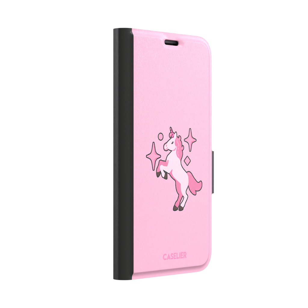 Pink kawaii unicorn rearing up with sparkle stars on a bubblegum-pink phone case by Caselier — wallet case, left view