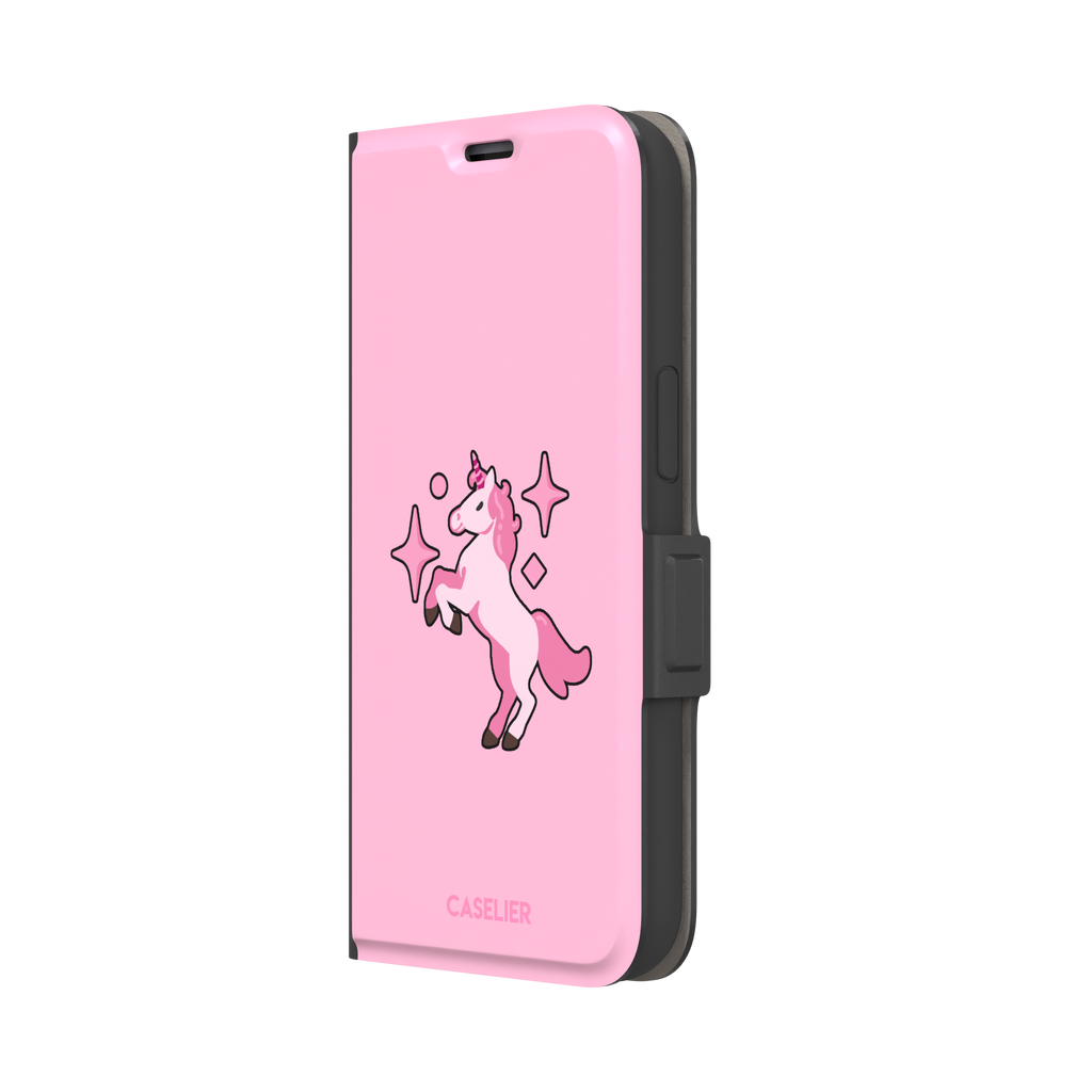 Pink kawaii unicorn rearing up with sparkle stars on a bubblegum-pink phone case by Caselier — wallet case, right view