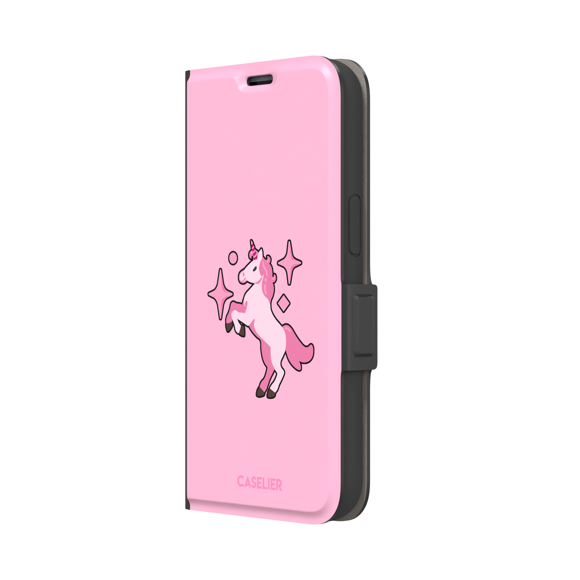 Pink kawaii unicorn rearing up with sparkle stars on a bubblegum-pink phone case by Caselier — wallet case, right view
