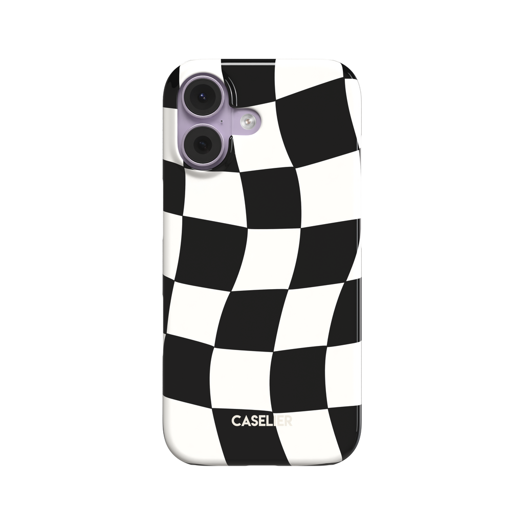 Warped checkerboard pattern phone case in black and white with a wavy, distorted grid effect, phone case by Caselier - snap case, front view | Caselier