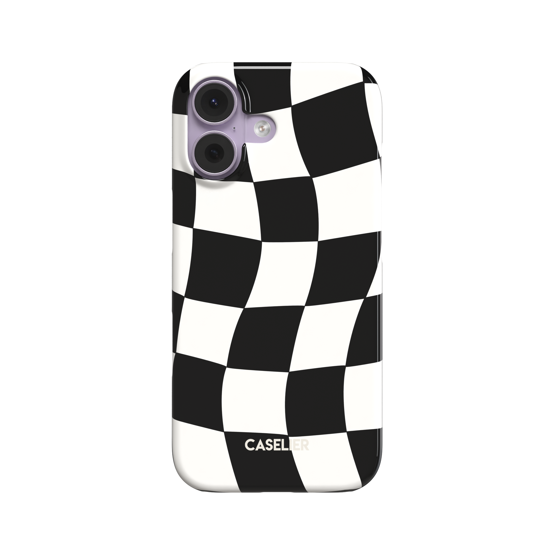 Warped checkerboard pattern phone case in black and white with a wavy, distorted grid effect, phone case by Caselier - snap case, front view | Caselier
