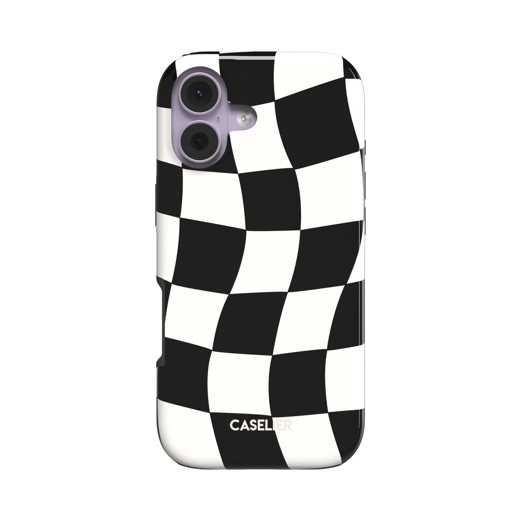 Warped checkerboard pattern phone case in black and white with a wavy, distorted grid effect, phone case by Caselier - tough case, front view | Caselier