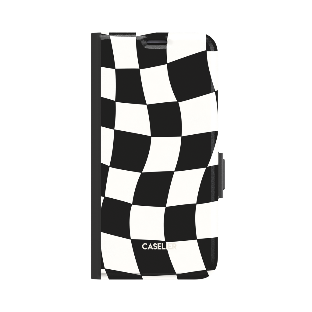 Warped checkerboard pattern phone case in black and white with a wavy, distorted grid effect, phone case by Caselier - wallet case, front view | Caselier