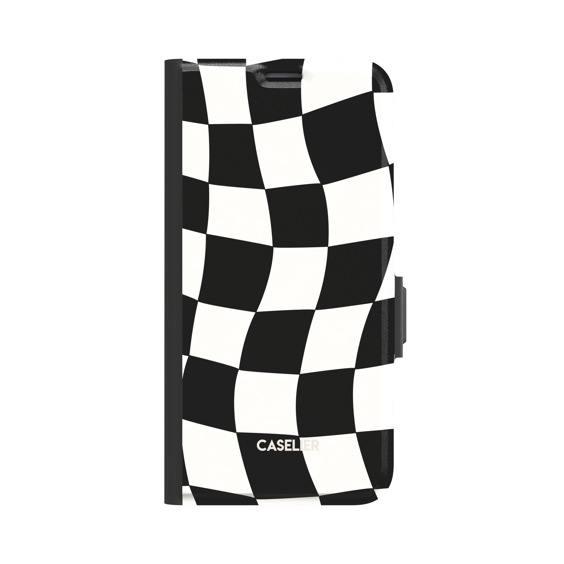 Warped checkerboard pattern phone case in black and white with a wavy, distorted grid effect, phone case by Caselier - wallet case, front view | Caselier