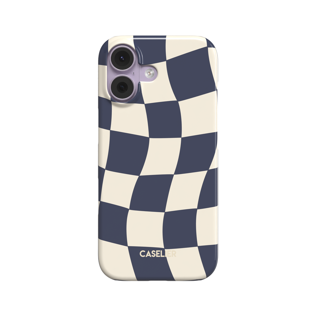 Warped checkerboard pattern phone case in navy blue and ivory with a fluid, rippling checker design, phone case by Caselier - snap case, front view | Caselier