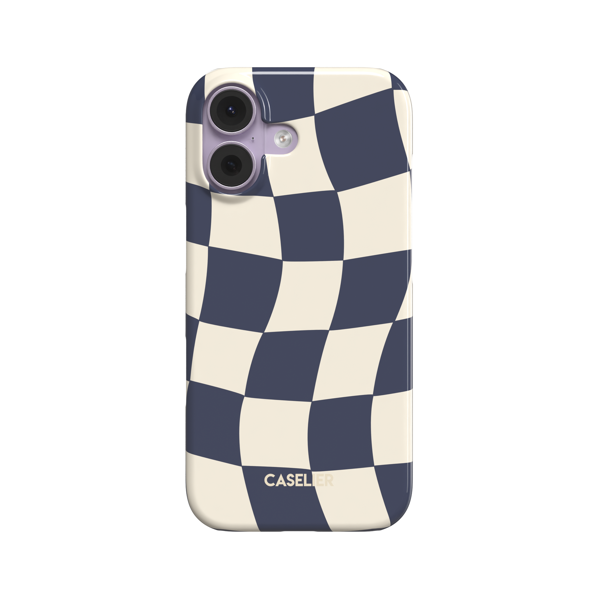 Warped checkerboard pattern phone case in navy blue and ivory with a fluid, rippling checker design, phone case by Caselier - snap case, front view | Caselier