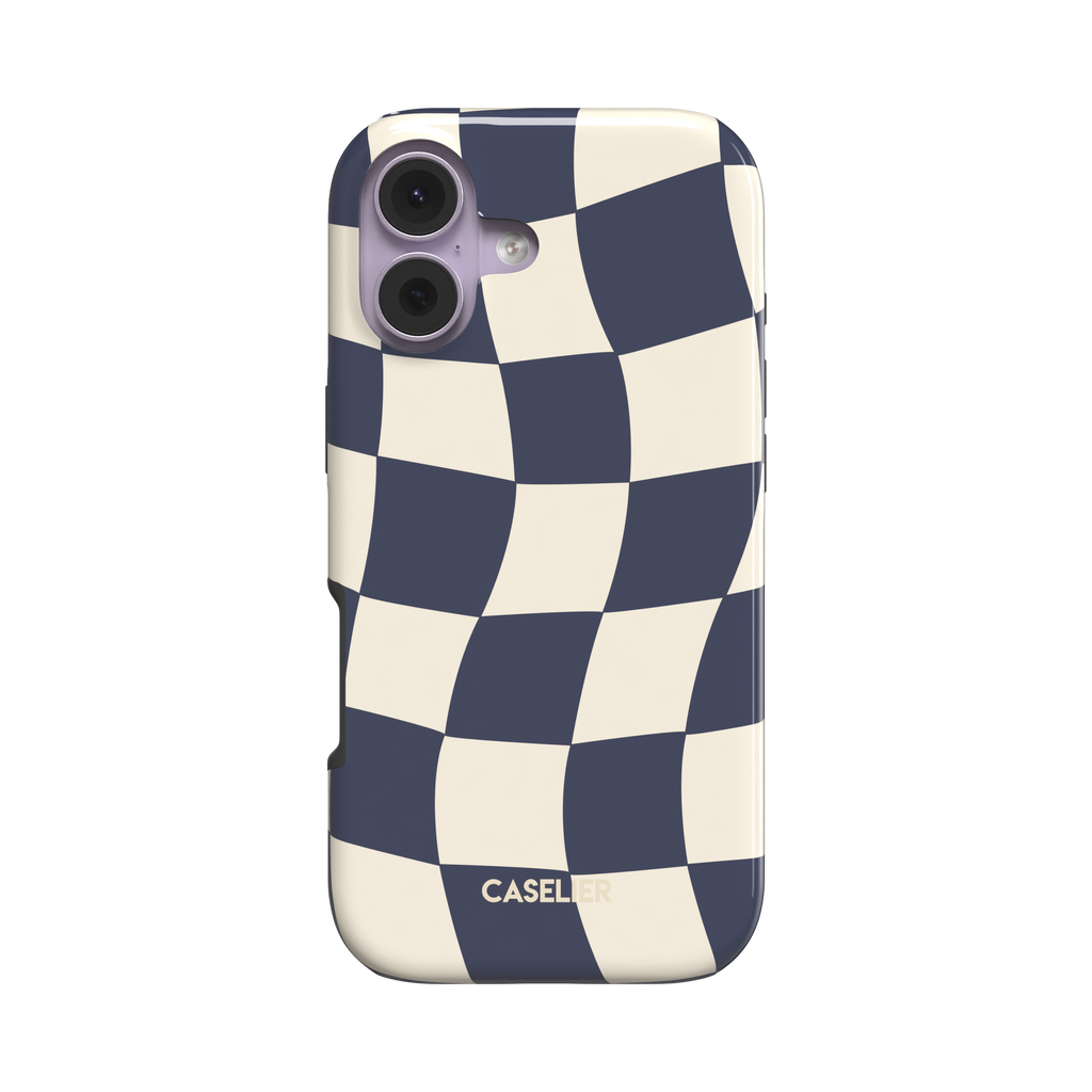 Warped checkerboard pattern phone case in navy blue and ivory with a fluid, rippling checker design, phone case by Caselier - tough case, front view | Caselier