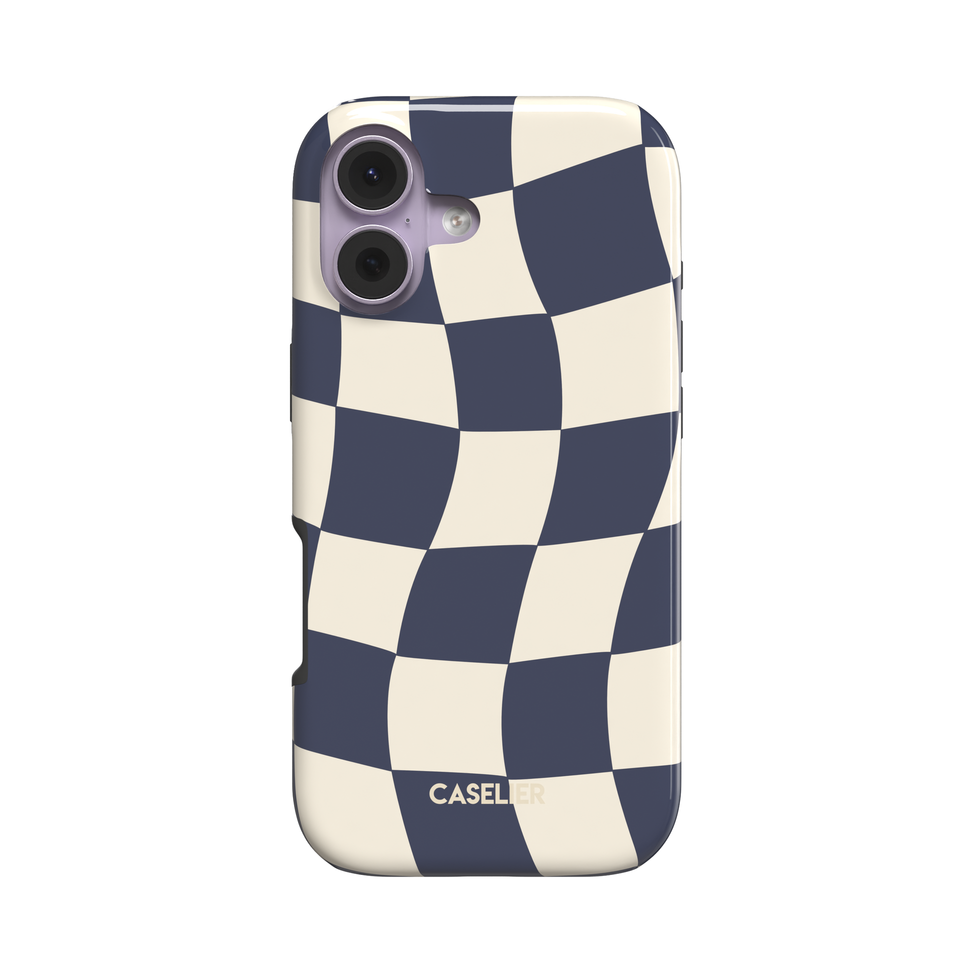 Warped checkerboard pattern phone case in navy blue and ivory with a fluid, rippling checker design, phone case by Caselier - tough case, front view | Caselier