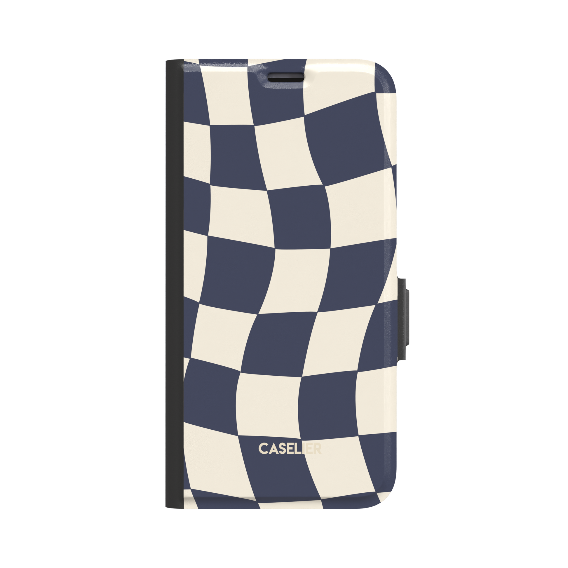 Warped checkerboard pattern phone case in navy blue and ivory with a fluid, rippling checker design, phone case by Caselier - wallet case, front view | Caselier