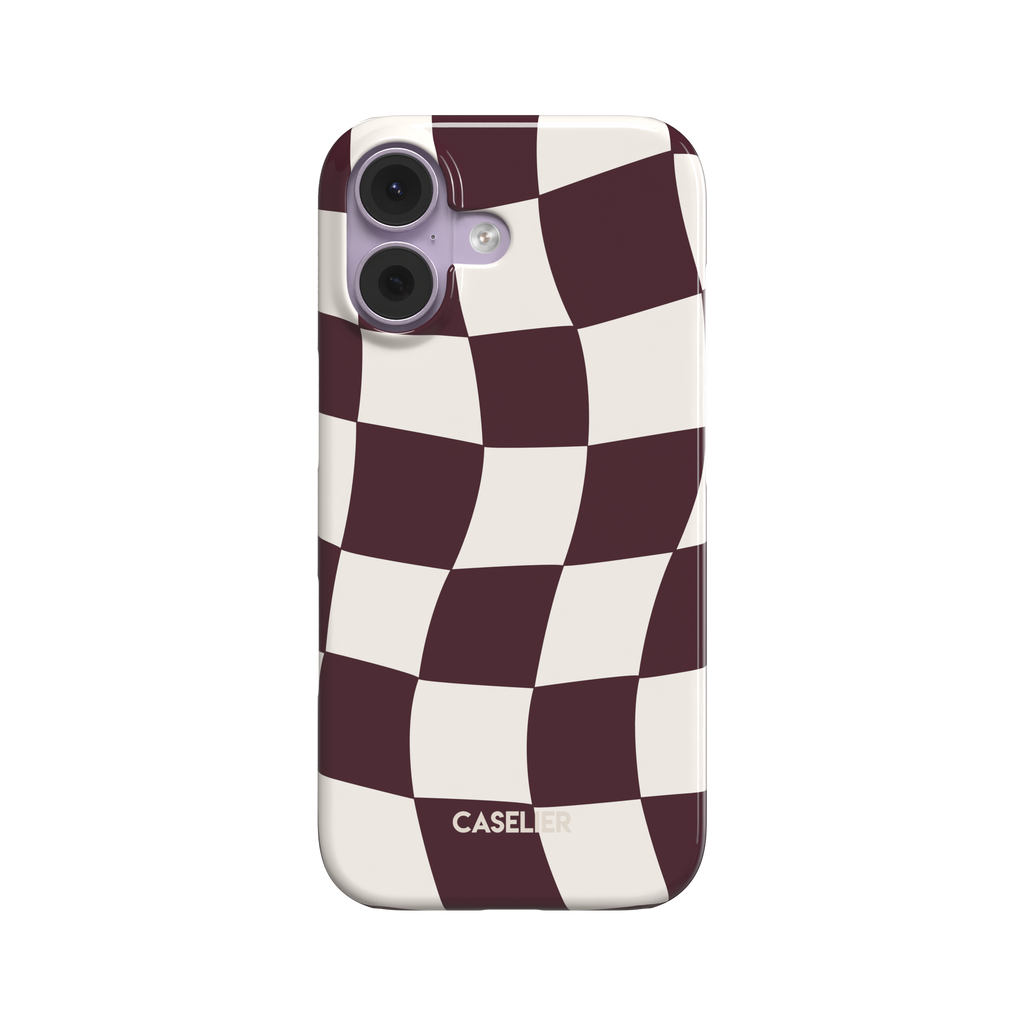 Warped checkerboard pattern phone case in deep red and white with a curved, psychedelic grid effect, phone case by Caselier - snap case, front view | Caselier