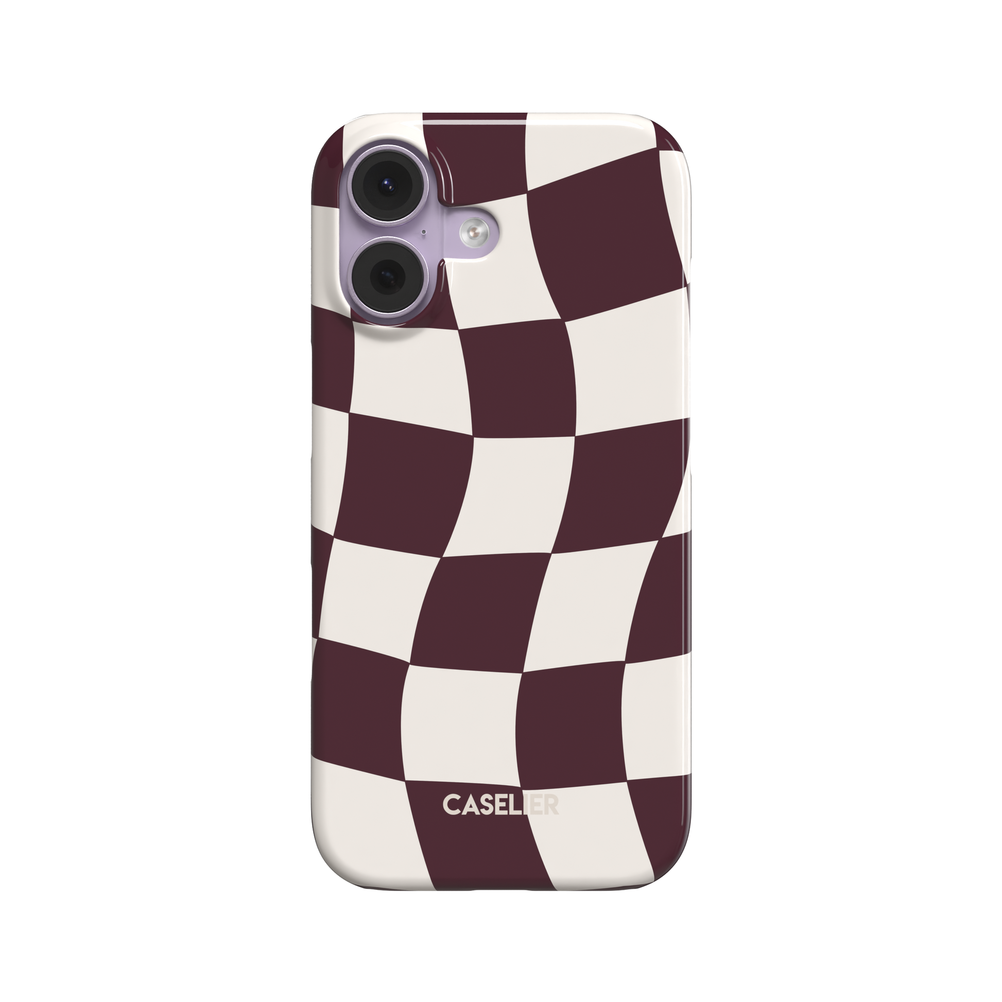Warped checkerboard pattern phone case in deep red and white with a curved, psychedelic grid effect, phone case by Caselier - snap case, front view | Caselier