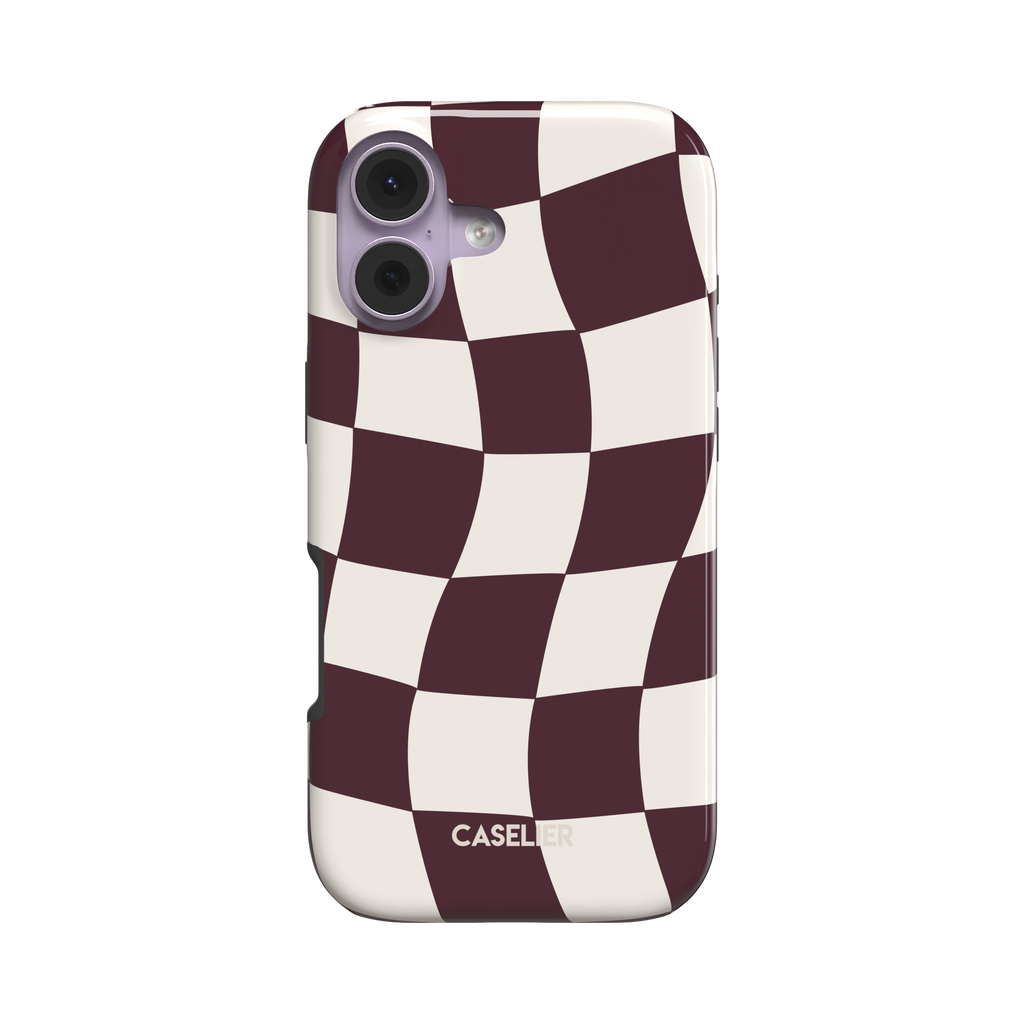 Warped checkerboard pattern phone case in deep red and white with a curved, psychedelic grid effect, phone case by Caselier - tough case, front view | Caselier