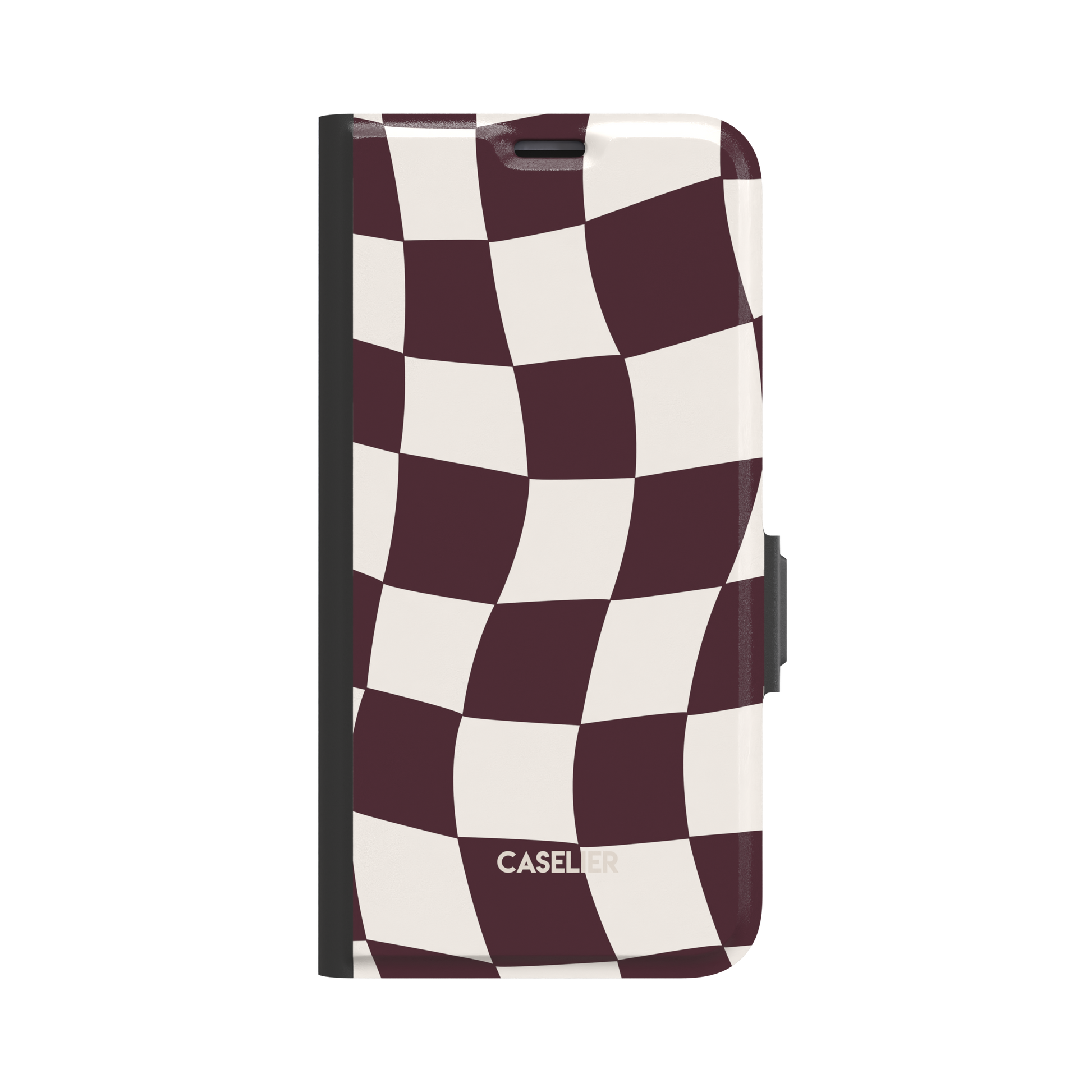 Warped checkerboard pattern phone case in deep red and white with a curved, psychedelic grid effect, phone case by Caselier - wallet case, front view | Caselier