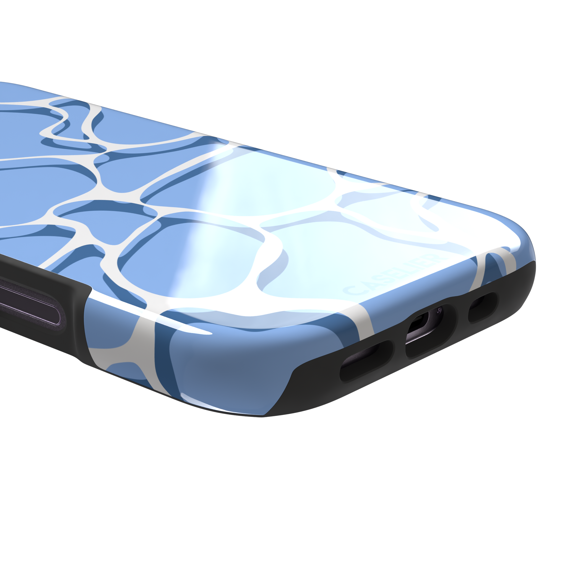 Water phone case featuring a soft blue mosaic pattern with wavy white lines evoking sunlit pool ripples, part of the Memories of Summer collection — tough case, charging port detail | Caselier