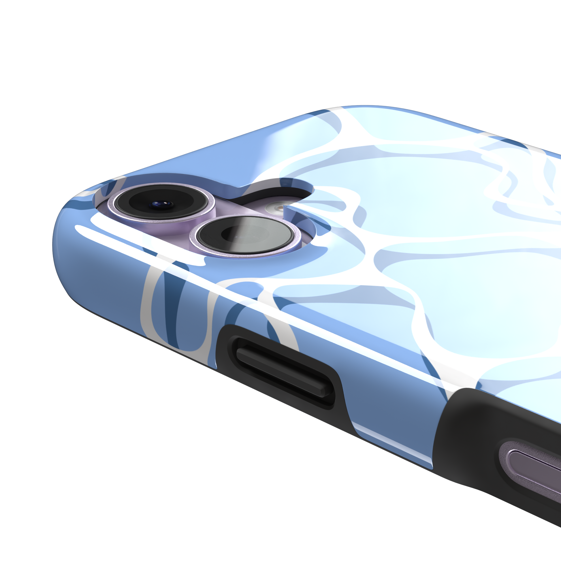 Water phone case featuring a soft blue mosaic pattern with wavy white lines evoking sunlit pool ripples, part of the Memories of Summer collection — tough case, volume buttons detail | Caselier