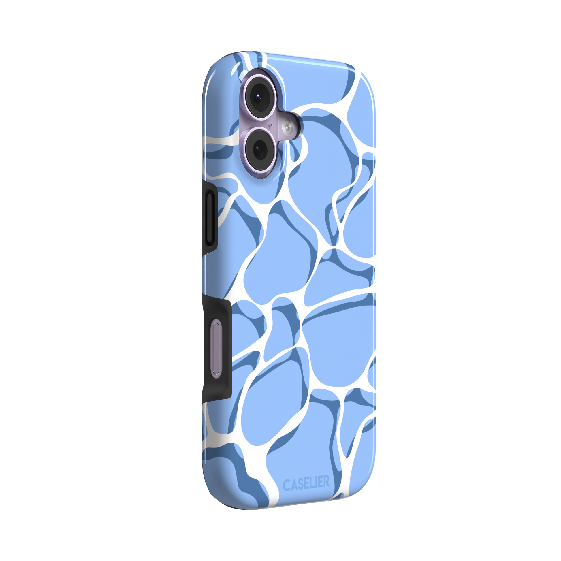 Water phone case featuring a soft blue mosaic pattern with wavy white lines evoking sunlit pool ripples, part of the Memories of Summer collection — tough case, left view | Caselier