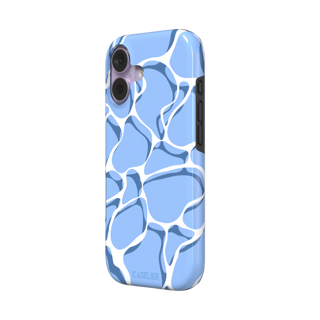 Water phone case featuring a soft blue mosaic pattern with wavy white lines evoking sunlit pool ripples, part of the Memories of Summer collection — tough case, right view | Caselier