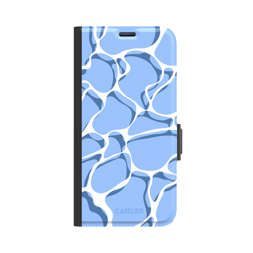 Water phone case featuring a soft blue mosaic pattern with wavy white lines evoking sunlit pool ripples, part of the Memories of Summer collection — wallet case, front view | Caselier