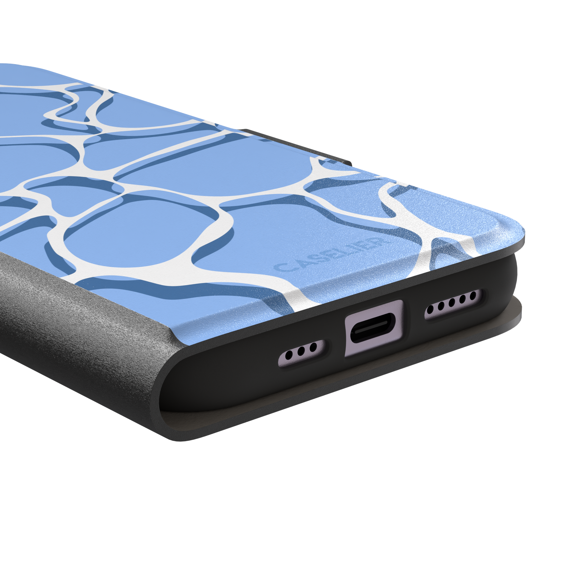 Water phone case featuring a soft blue mosaic pattern with wavy white lines evoking sunlit pool ripples, part of the Memories of Summer collection — wallet case, charging port detail | Caselier