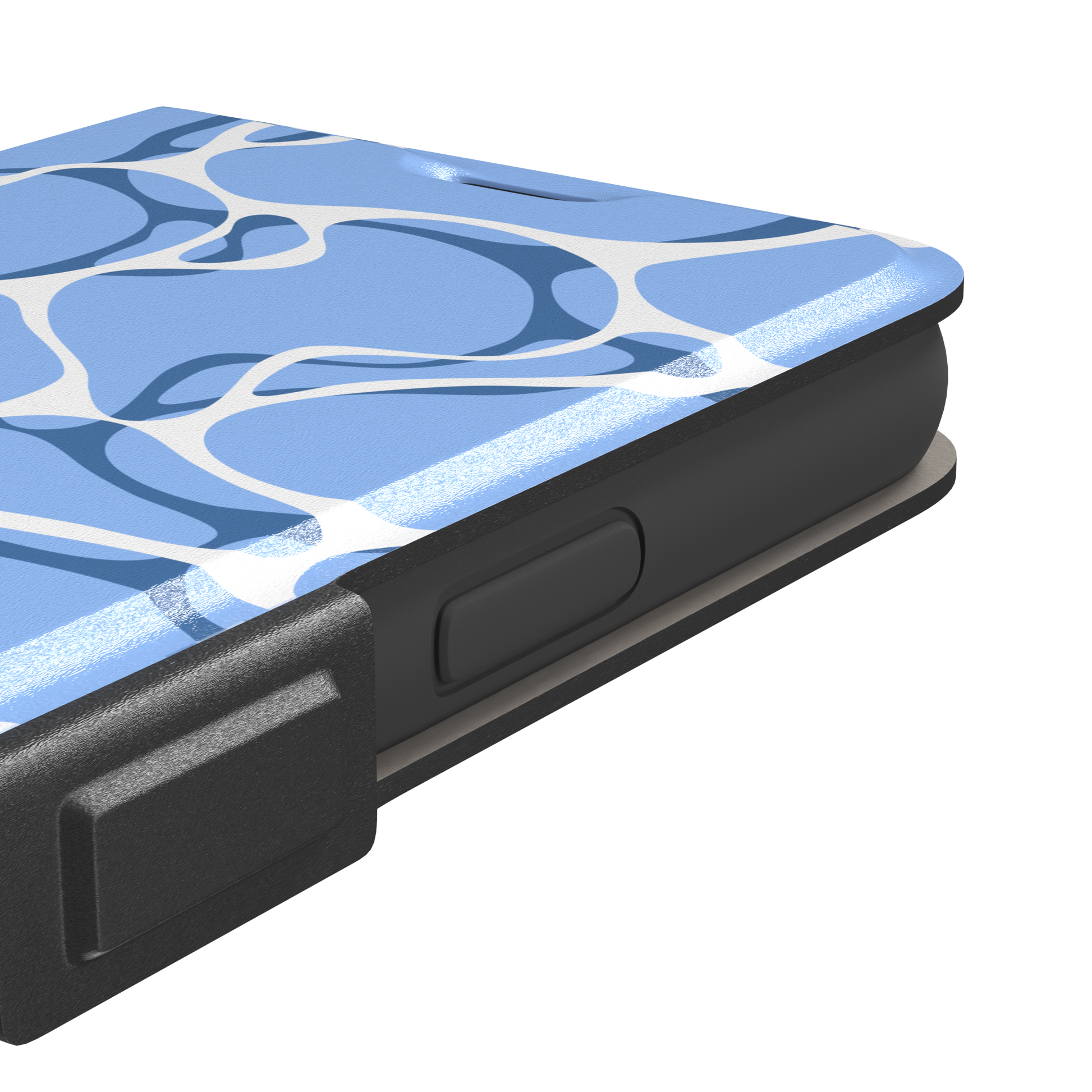 Water phone case featuring a soft blue mosaic pattern with wavy white lines evoking sunlit pool ripples, part of the Memories of Summer collection — wallet case, volume buttons detail | Caselier