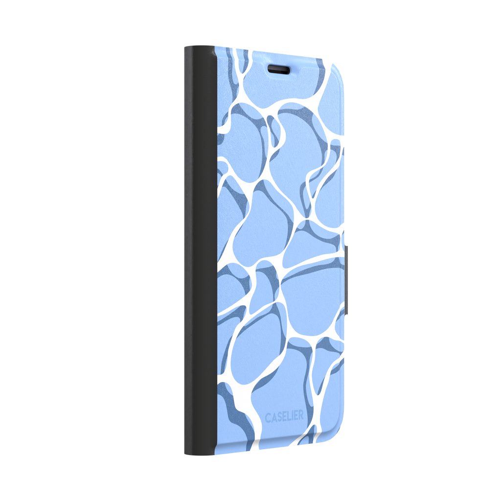 Water phone case featuring a soft blue mosaic pattern with wavy white lines evoking sunlit pool ripples, part of the Memories of Summer collection — wallet case, left view | Caselier