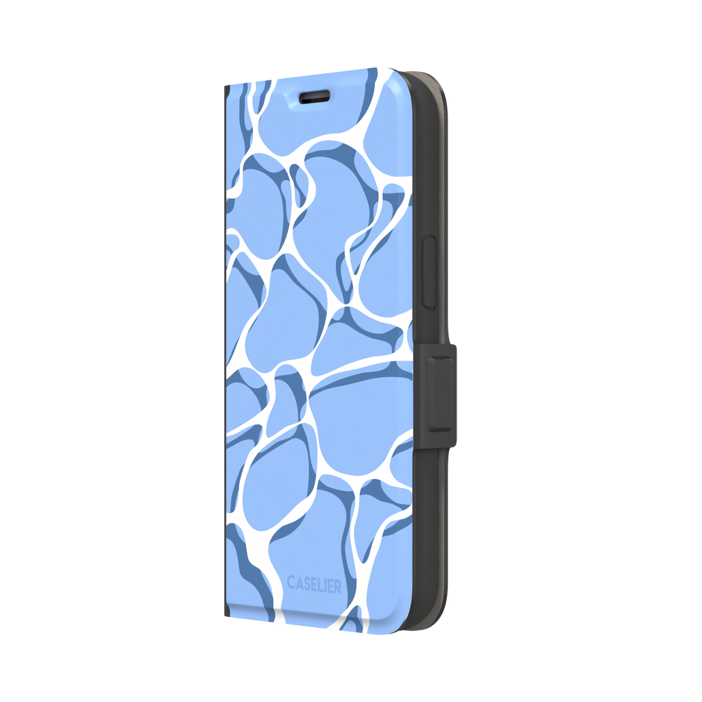 Water phone case featuring a soft blue mosaic pattern with wavy white lines evoking sunlit pool ripples, part of the Memories of Summer collection — wallet case, right view | Caselier