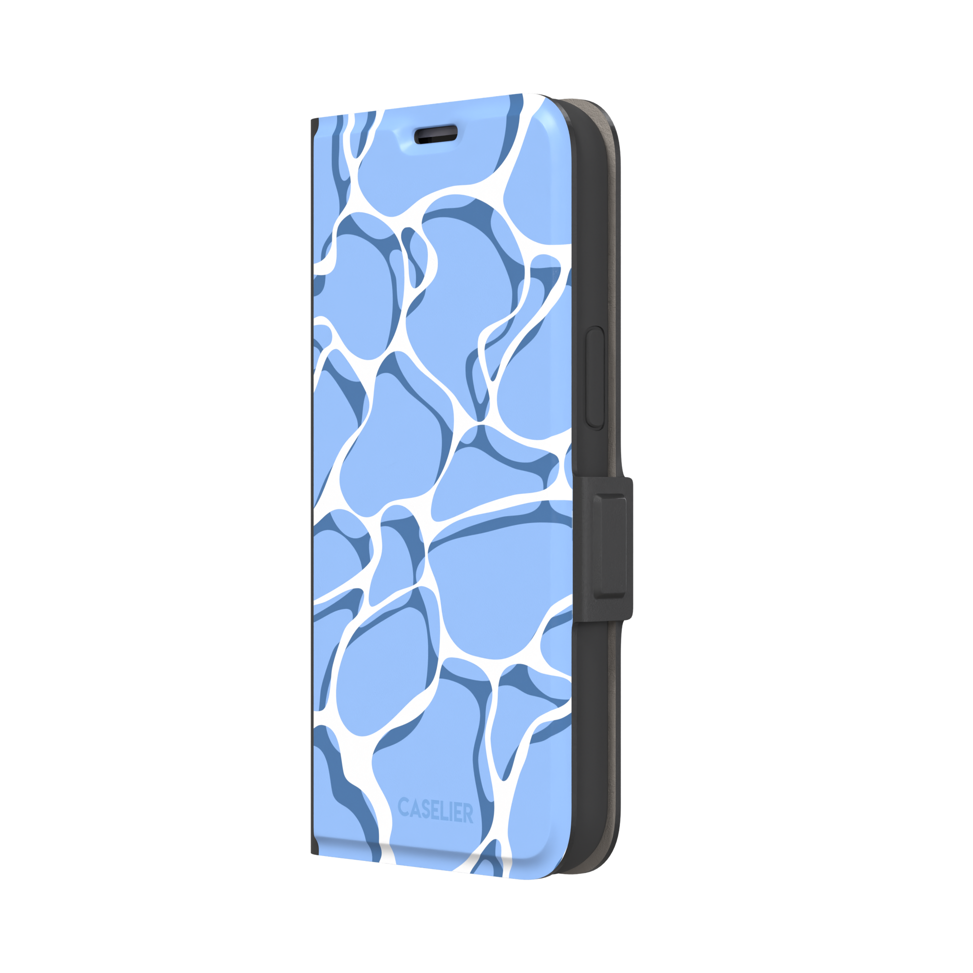 Water phone case featuring a soft blue mosaic pattern with wavy white lines evoking sunlit pool ripples, part of the Memories of Summer collection — wallet case, right view | Caselier
