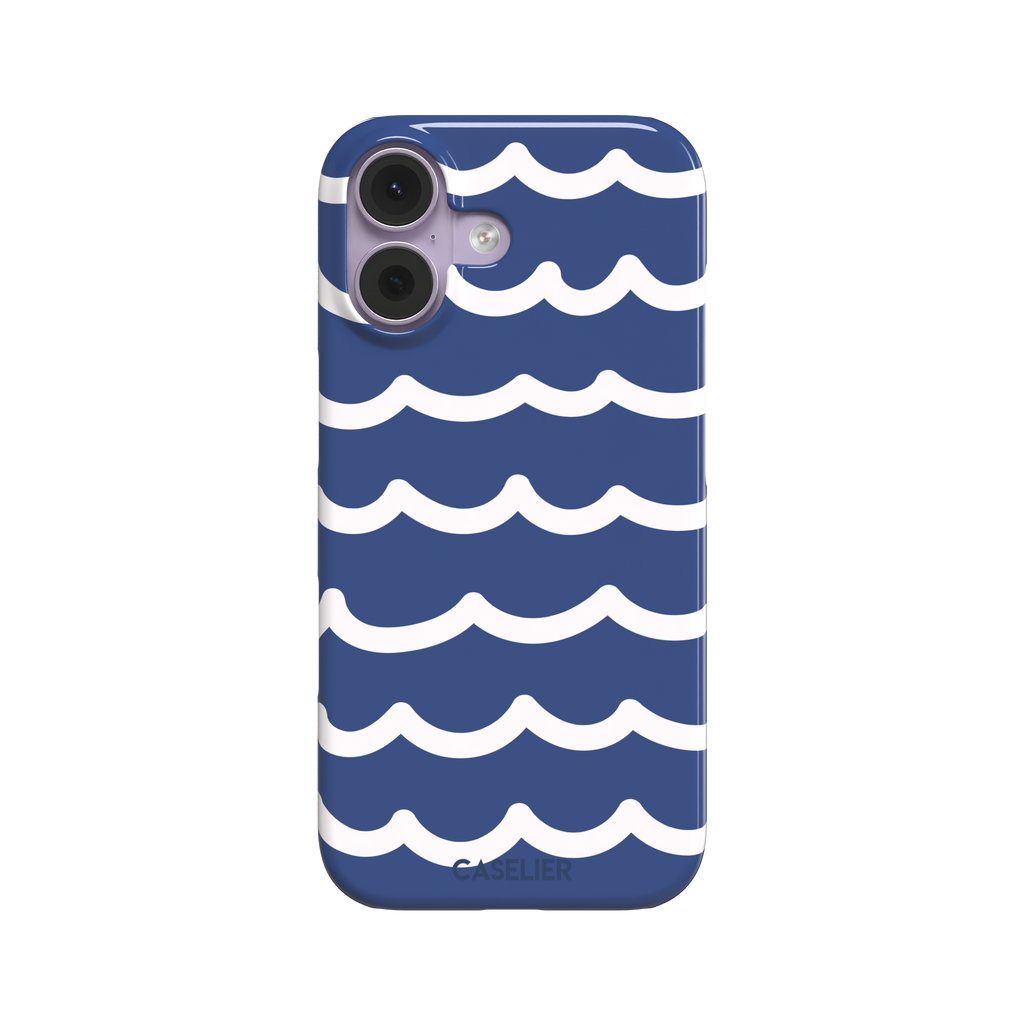 Waves phone case in deep navy blue with stacked white graphic wave stripes, Memories of Summer collection, phone case by Caselier — snap case, front view