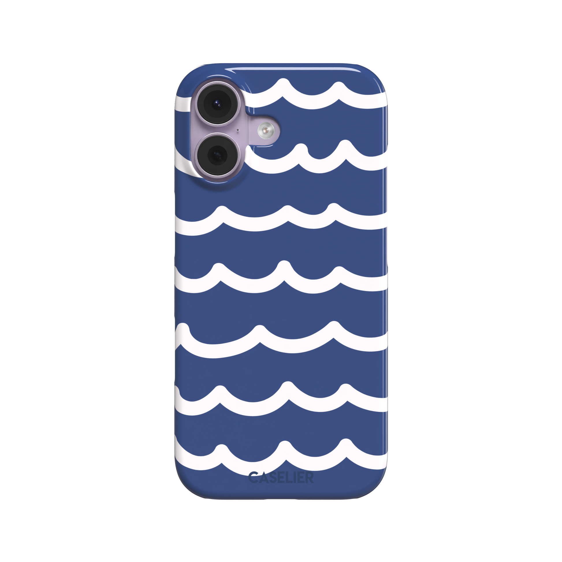 Waves phone case in deep navy blue with stacked white graphic wave stripes, Memories of Summer collection, phone case by Caselier — snap case, front view